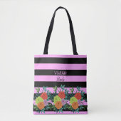 Custom Trendy Zwart Roze Strepen & Bloemen Bruid Tote Bag (Voorkant)