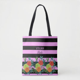 Custom Trendy Zwart Roze Strepen & Bloemen Bruid Tote Bag