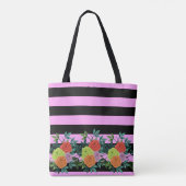 Custom Trendy Zwart Roze Strepen & Bloemen Bruid Tote Bag (Achterkant)