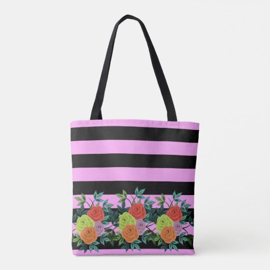 Custom Trendy Zwart Roze Strepen & Bloemen Bruid Tote Bag (Achterkant)