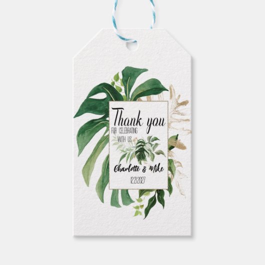 Custom Tropical Monstera Leaf Wedding Dank u Cadeaulabel (Voorkant)