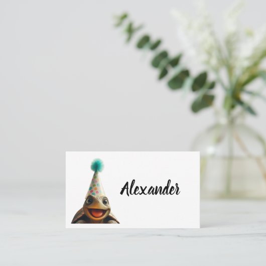 Custom turtle with party hat place setting plaatskaartje (Staand voorkant)
