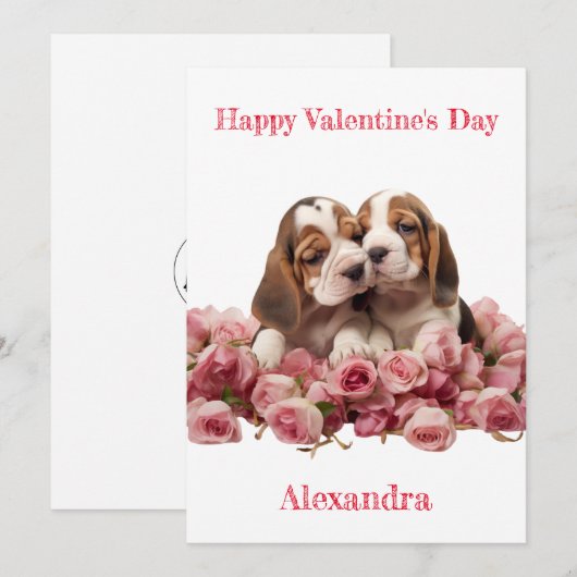 Custom Twee Basset Hound Puppies Valentijn Feestdagenkaart (Voorkant / Achterkant)