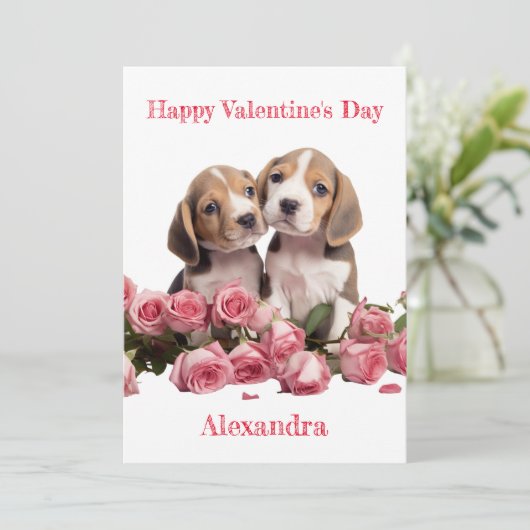 Custom Twee Beagles met Roze Rose Valentijn Feestdagenkaart (Staand voorkant)
