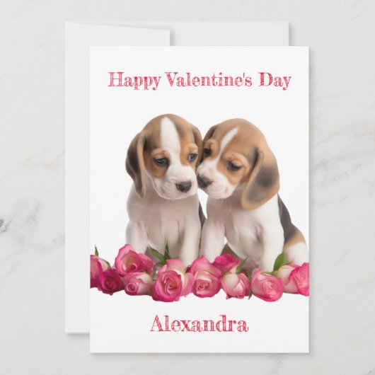 Custom Twee Beagles met Roze Rozenblaadjes Valenti Feestdagenkaart (Voorkant)