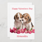 Custom Twee Beagles met Roze Rozenblaadjes Valenti Feestdagenkaart (Voorkant / Achterkant)