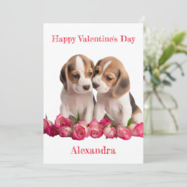 Custom Twee Beagles met Roze Rozenblaadjes Valenti Feestdagenkaart