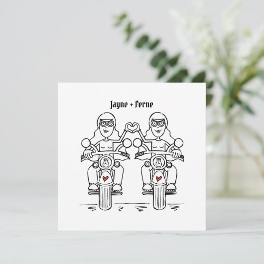 Custom Twee Bruiden Biker Motorfiets Avond Bruilof Kaart (Staand voorkant)