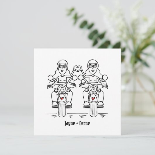 Custom Twee Bruiden Biker Motorfiets Avond Bruilof Kaart (Staand voorkant)