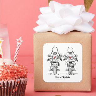 Custom Twee Bruiden Biker Motorfiets Avond Bruilof Vierkante Sticker