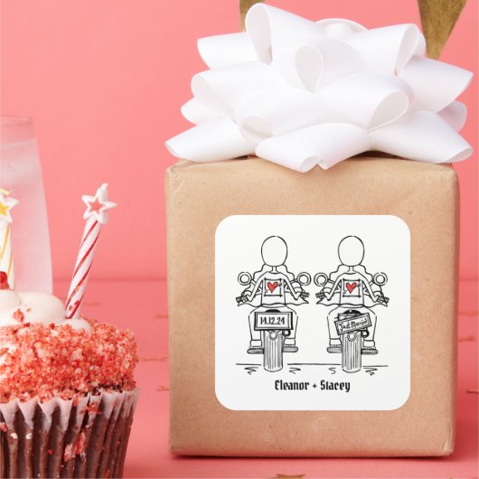 Custom Twee Bruiden Biker Motorfiets Avond Bruilof Vierkante Sticker (Feest)