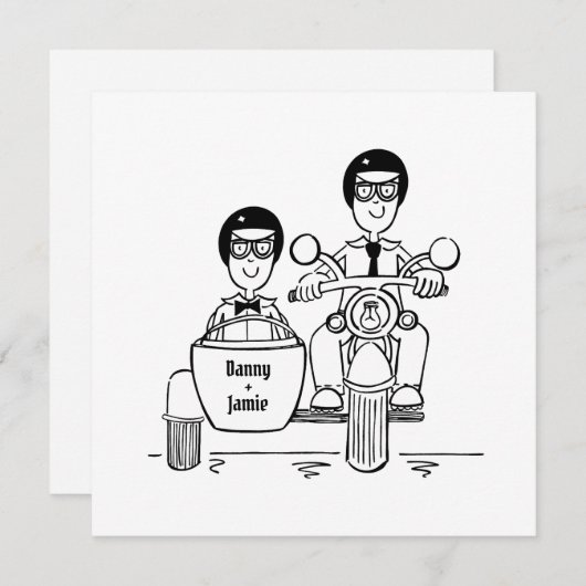 Custom Twee Grooms Motorfiets en Sidecar Bruiloft Kaart (Voorkant / Achterkant)