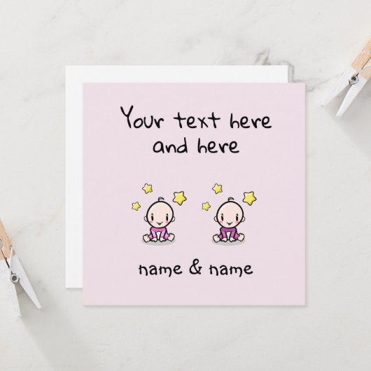 Custom Twin Baby Girls Congratulations w. Names,  Kaart (Voorkant / Achterkant in situ)