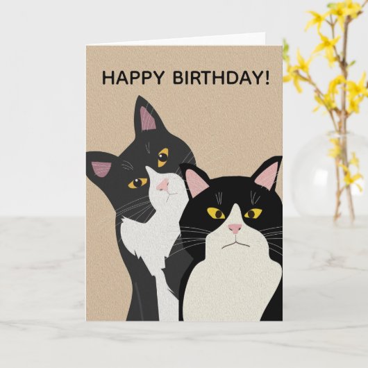 CUSTOM Two Cats Happy Birthday  Kaart (Gele Bloem)
