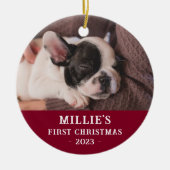 Custom Two Sided Blue Eerste Kerstmis Puppy Foto Keramisch Ornament (Voorkant)