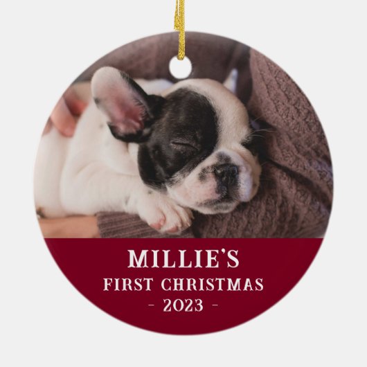 Custom Two Sided Blue Eerste Kerstmis Puppy Foto Keramisch Ornament (Achterkant)