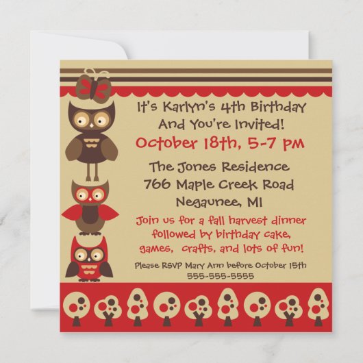Custom Uilen op een tak Verjaardag Uitnodigingen (Achterkant)