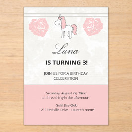 Custom Unicorn Cute Pink Birthday Party Invitation Acryl Uitnodigingen