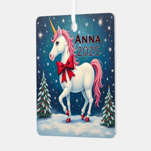 Custom Unicorn Red Bow Metalen Ornament (Voorkant links)
