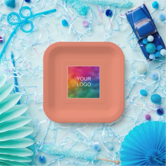 Custom Uw Bedrijf Logo Hier Vierkante Zalmperzik Papieren Bordje (Feest)