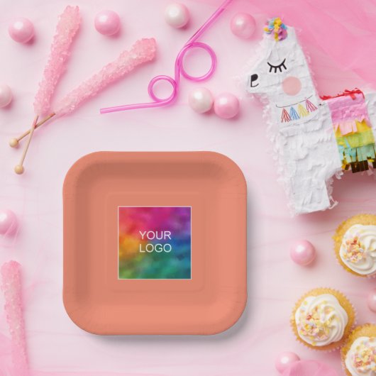 Custom Uw Bedrijf Logo Hier Vierkante Zalmperzik Papieren Bordje (Feest)