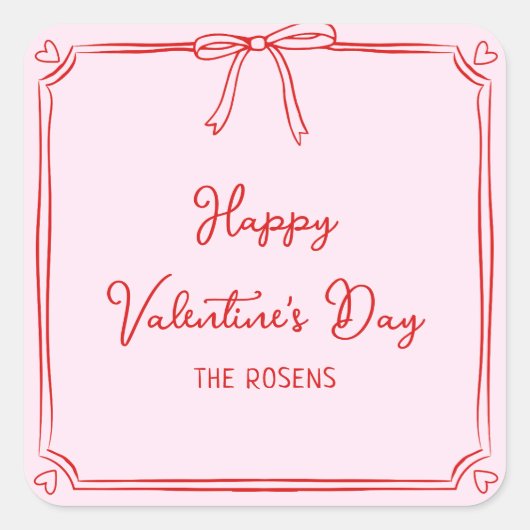 Custom Valentijnsdag Party Blush Pink Bow Hearts Vierkante Sticker (Voorkant)