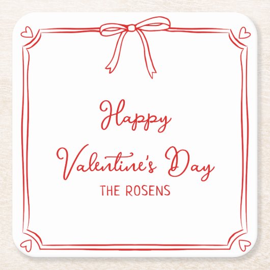 Custom Valentijnsdag Party Schattige Red Bow Heart Kartonnen Onderzetters (Voorkant)