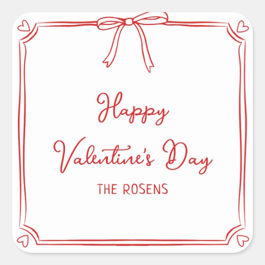 Custom Valentijnsdag Party Schattige Red Bow Heart Vierkante Sticker (Voorkant)