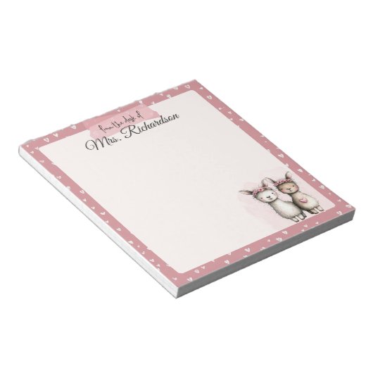 Custom Valentine Notepad Cute Pink Llama & Hearts Notitieblok (Schuin)