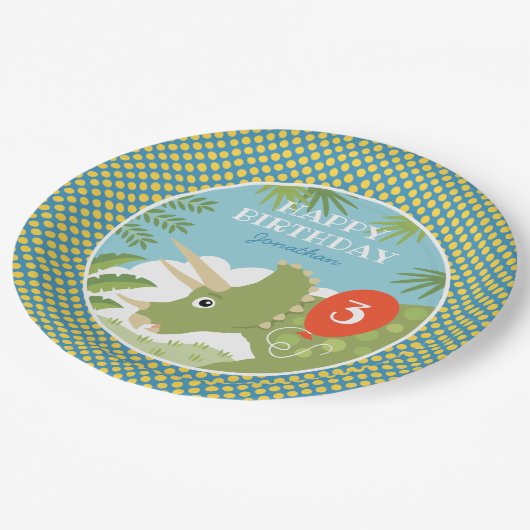 Custom Verjaardag Dinosaurus Triceratops Alle Leef Papieren Bordje (Gekanteld)