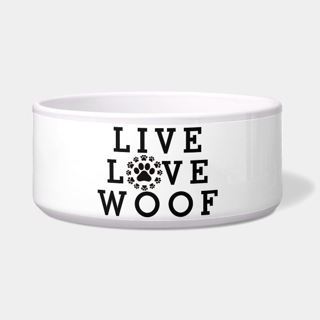 Custom Versierde hond Food Bowl, "Live Love Woof" Voerbakje (Voorkant)