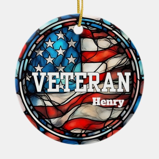 Custom Veteran Faux Glas in lood Amerikaanse vlag Keramisch Ornament (Voorkant)