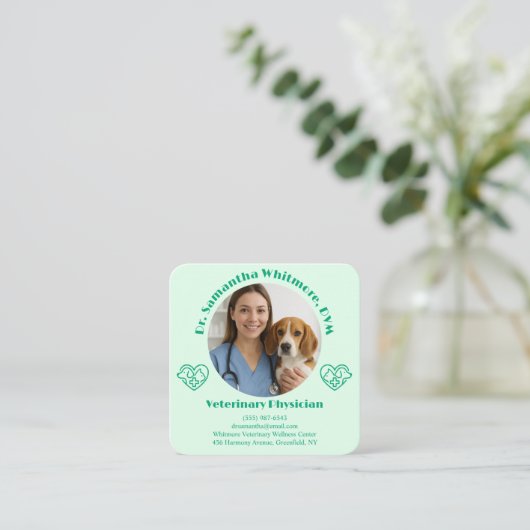 Custom Veterinary Business Card with Photo  Vierkante Visitekaartje (Staand voorkant)