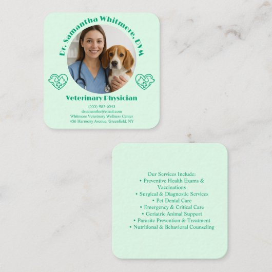 Custom Veterinary Business Card with Photo  Vierkante Visitekaartje (Voorkant / Achterkant)