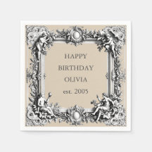 Custom Victorian Scroll Frame Napkin – mocha brown