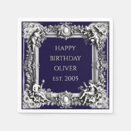 Custom Victorian Scroll Frame Napkin – navy blue Servet