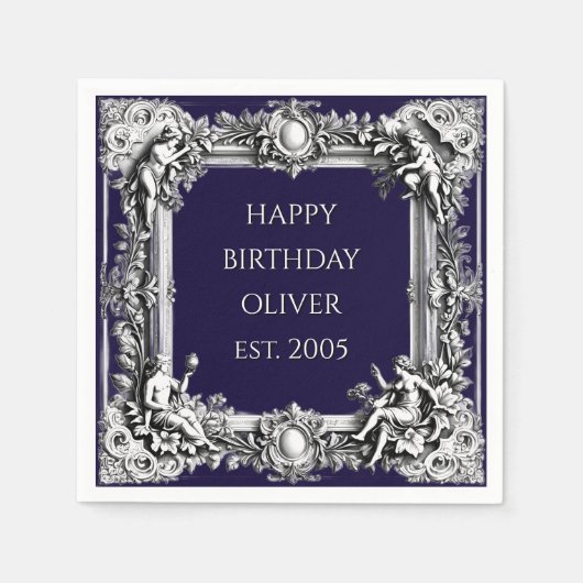 Custom Victorian Scroll Frame Napkin – navy blue Servet (Voorkant)