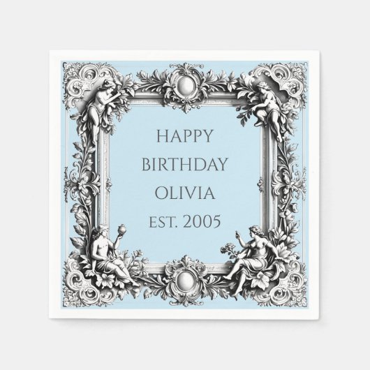 Custom Victorian Scroll Frame Napkin – pale blue Servet (Voorkant)