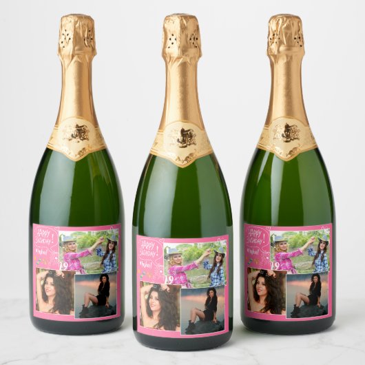 Custom Vriend Gelukkige Verjaardag Foto Collage Sparkling Wijnetiket (Flessen)