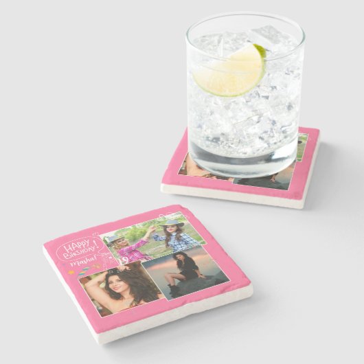 Custom Vriend Gelukkige Verjaardag Foto Collage Stenen Onderzetter (Zijkant)