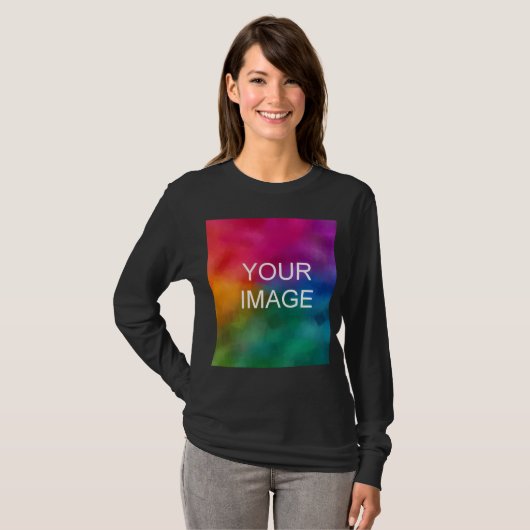 Custom Vrouwen Basic Lange Mouw Zwart T-Shirt (Voorkant volledig)