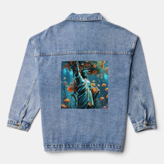 Custom Vrouwen Denim Jacket - Vrijheidsbeeld. (Achterkant)