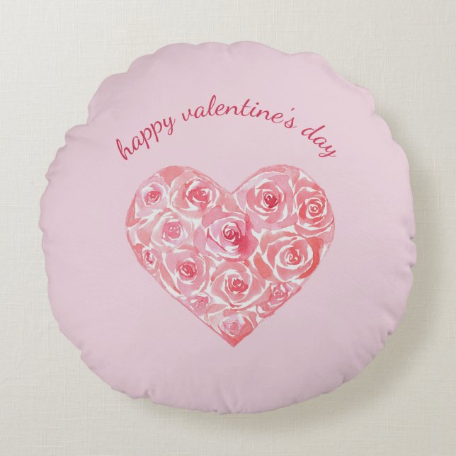 Custom Watercolor Rose Heart Valentine's Day Rond Kussen (Voorkant)