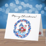Custom, Waterverf Snowman Familie Vrolijk Kerstfee Feestdagen Kaart<br><div class="desc">Een leuke, grillige Merry Christmas winterkaart met een gebundelde sneeuwman familie in de sneeuw omlijst in een snoep en sterren blauw krans. Verander eenvoudig de stijlvolle scripttekst aan de voor-, binnen- en achterkant om deze van u te maken met behulp van de meegeleverde Sjabloon. Witte envelop is inbegrepen of markeer...</div>