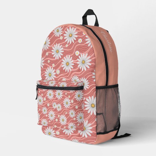 Custom Wavy Pink Daisies Bedrukte Rugzak (Achterkant Hoek Rechts)