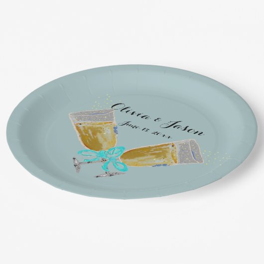 Custom Weddenrennen Champagne Toast Blauwgroen Papieren Bordje (Gekanteld)