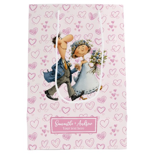 Custom Wedding Gift Bag Quirky Cartoon Passen getr Medium Cadeauzakje (Achterkant)