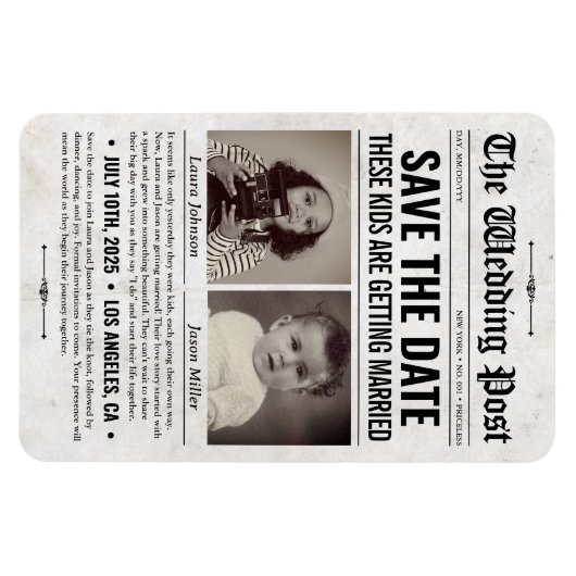 Custom Wedding Newspaper Save the Date Invitation Magneet (Horizontaal)