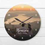 Custom Wedding Photo Monogrammed Grote Klok<br><div class="desc">Creëer een speciale, ronde of vierkante muurklok die gepersonaliseerd is met je trouwfoto, naam monogram en vastgelegde datum. Het ontwerp kenmerkt eenvoudige moderne doopvonten die op uw volledige aftapfoto worden bedekt. Gebruik de ontwerphulpmiddelen om het even welke doopvonten en kleuren te kiezen om uw eigen stijl van het huisdecor aan...</div>
