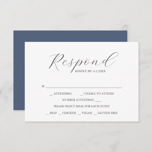 Custom Wedding RSVP Cards Navy Blue (Voorkant / Achterkant)